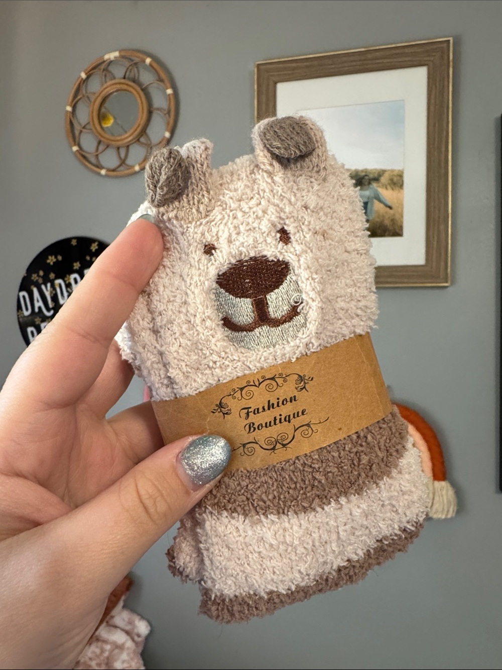 Kids Beige Bear Plush Socks
